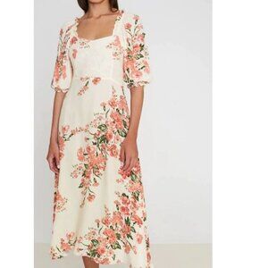 Faithfull The Brand Midi Dress Cream Pink Floral Short Puff Sleeve ALine Bronte